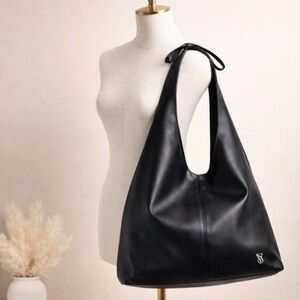 Victoria’s Secret Slouchy Bow Tote Bag Black Vegan Leather NWT $49.95